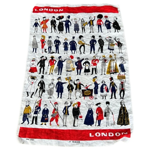 VTG Ulster British Tea Towel Set Irish Linen Beasts Bank Note London People GUC - Picture 9 of 13